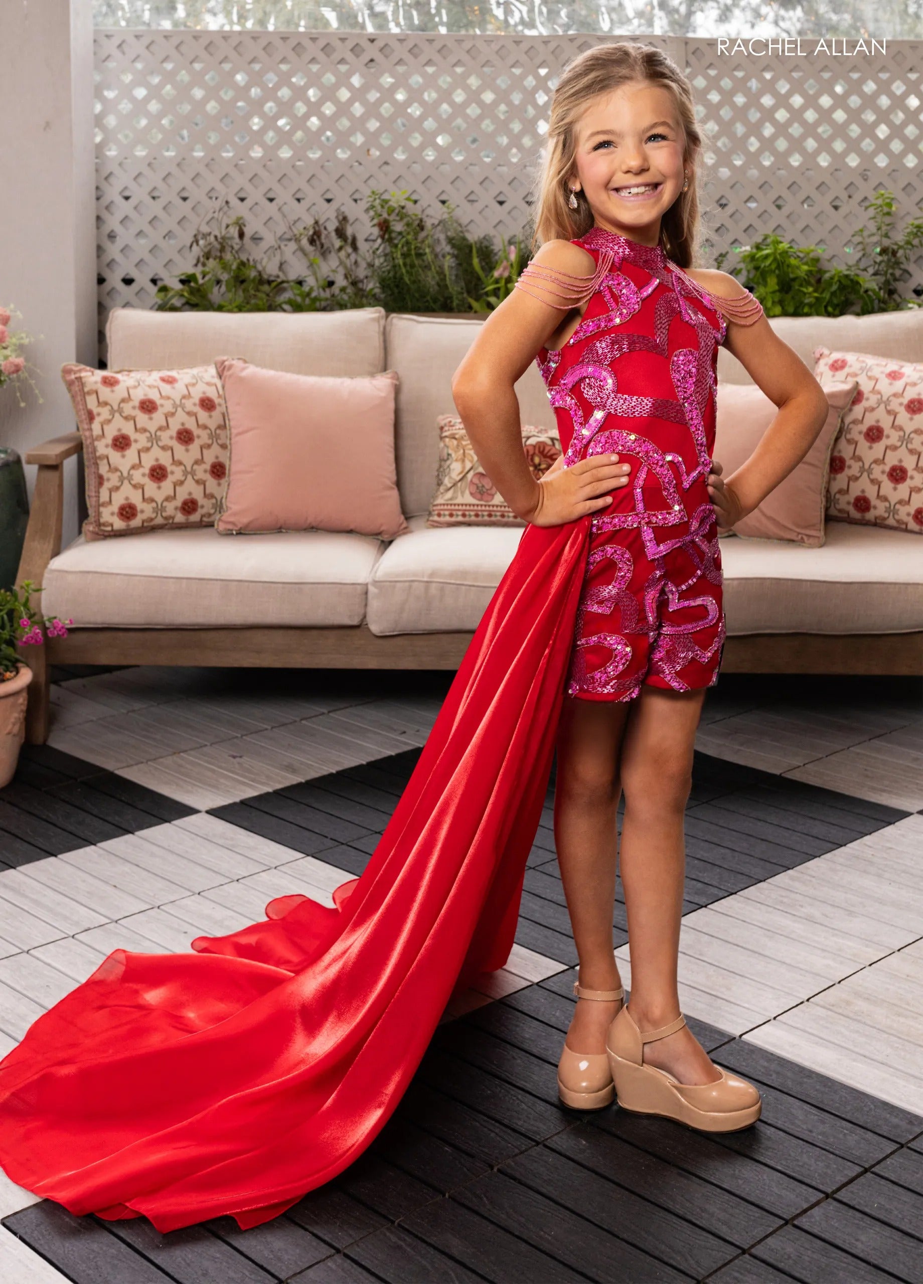 Red Pink Cold-Shoulder Short Sequin Pageant Romper with Organza Cape Rachel Allan 10292