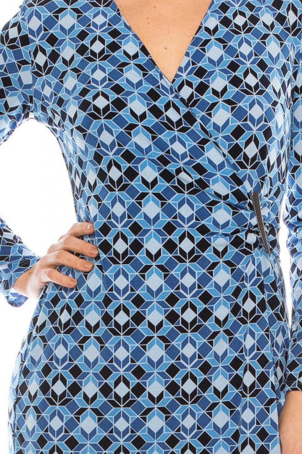 London Times Geometric Faux Wrap Dress with Silver Waist Detail