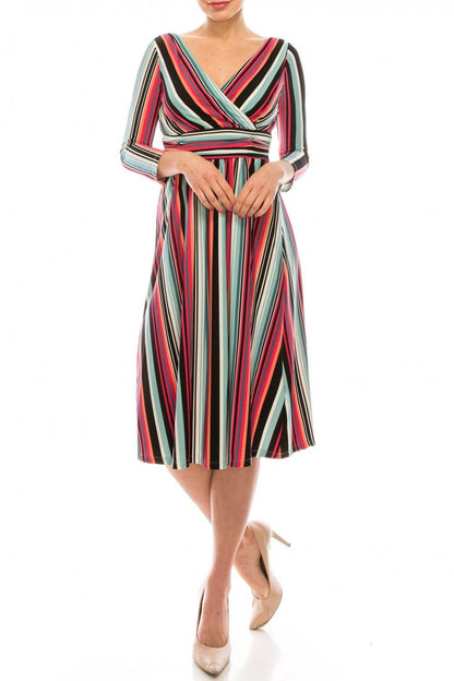 London Times Soft Striped Empire Waist Midi Dress - The Dress Outlet