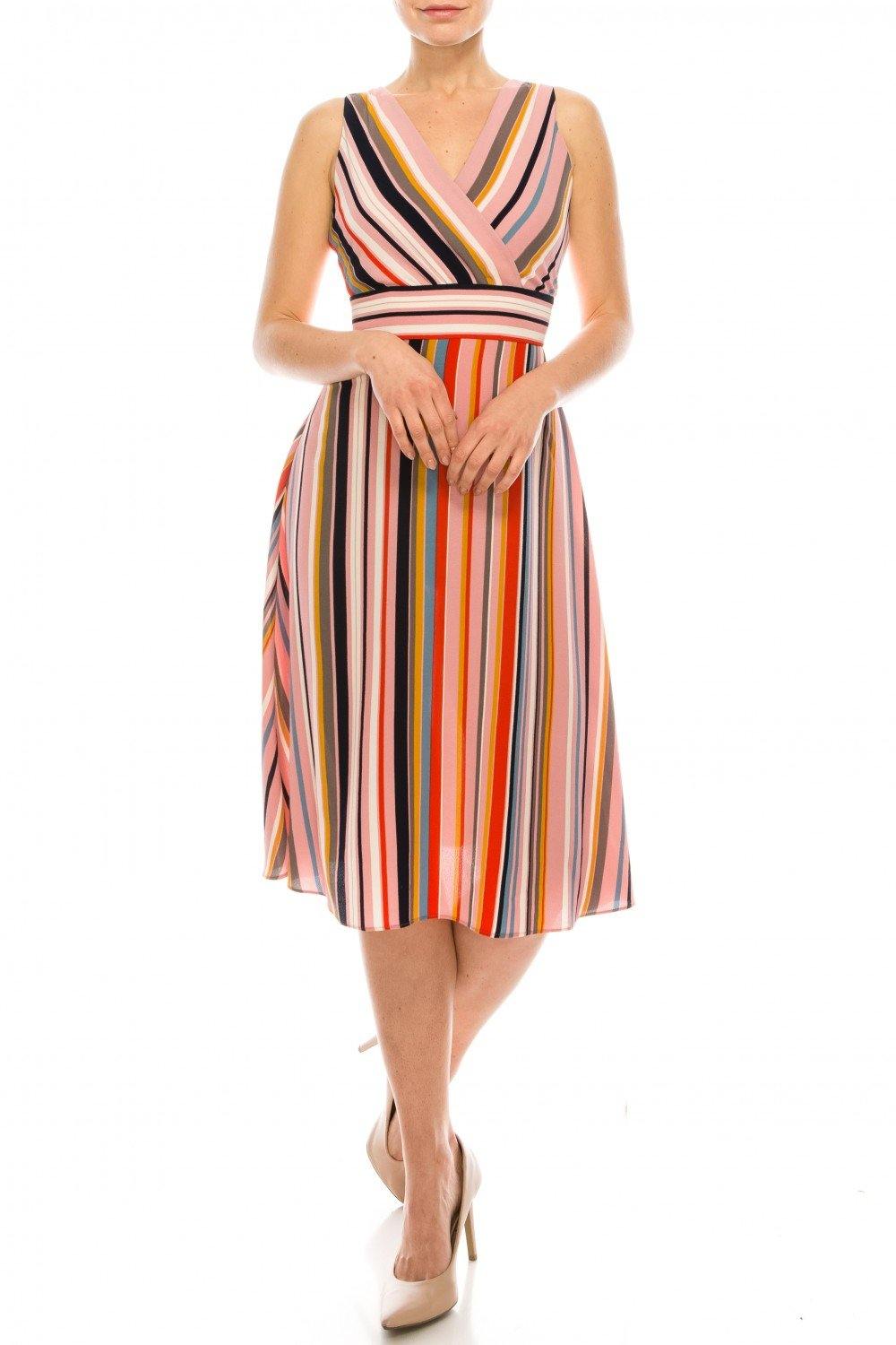 London Times Striped Surplice A-Line Dress - The Dress Outlet