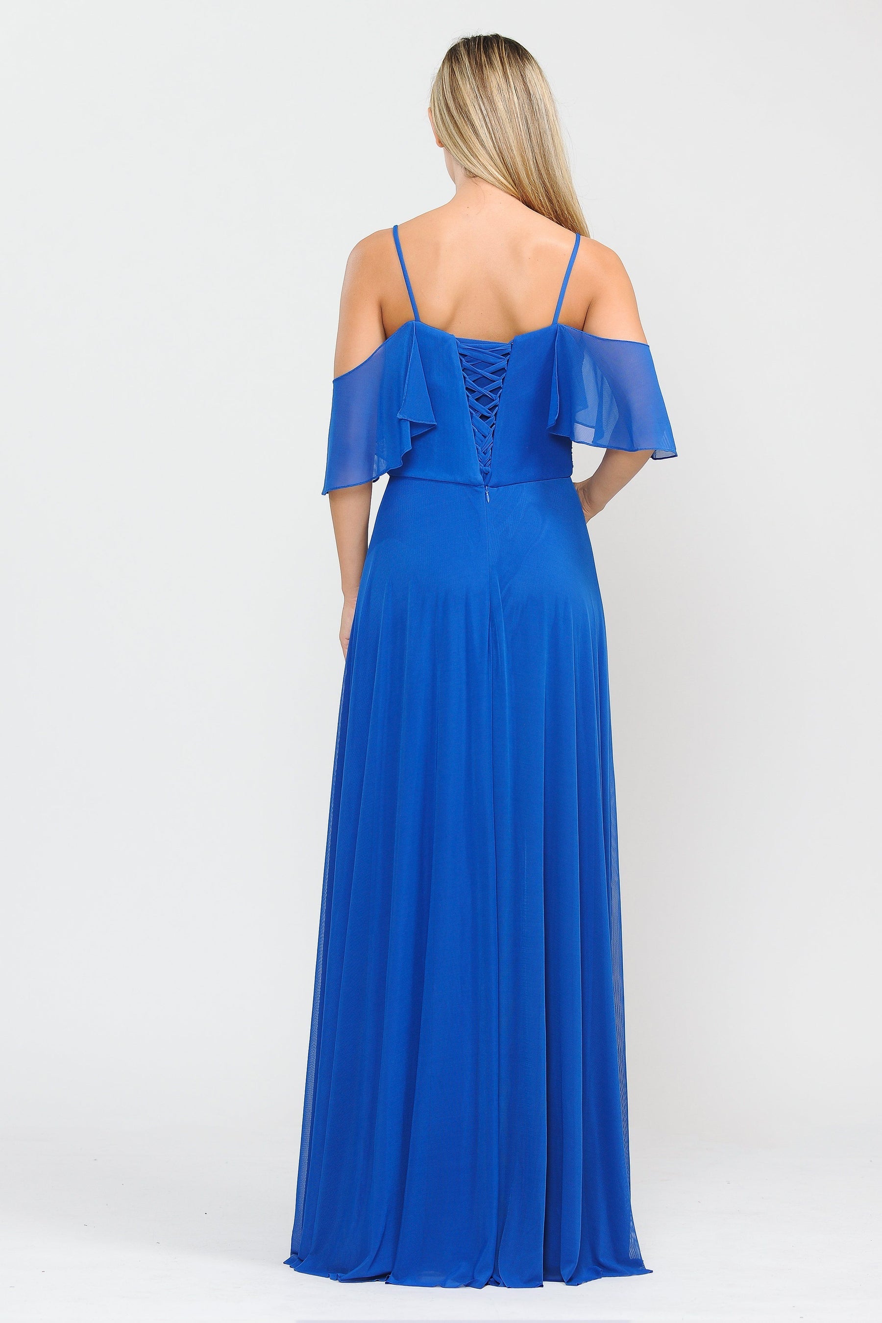 Royal Blue Cold-Shoulder Floor-Length Chiffon Formal Gown with Flutter Sleeves Poly USA 8552