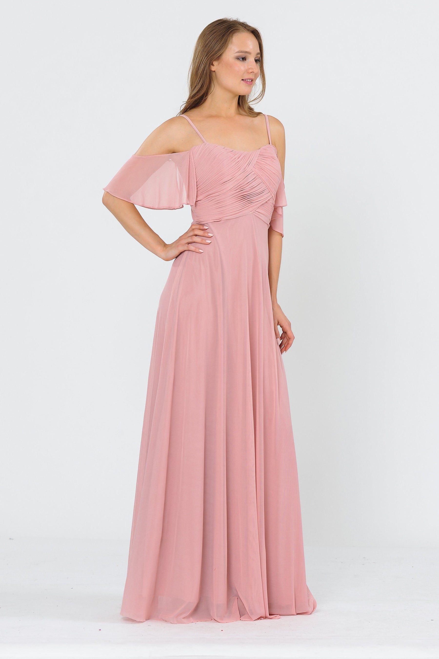 Mauve Cold-Shoulder Floor-Length Chiffon Formal Gown with Flutter Sleeves Poly USA 8552