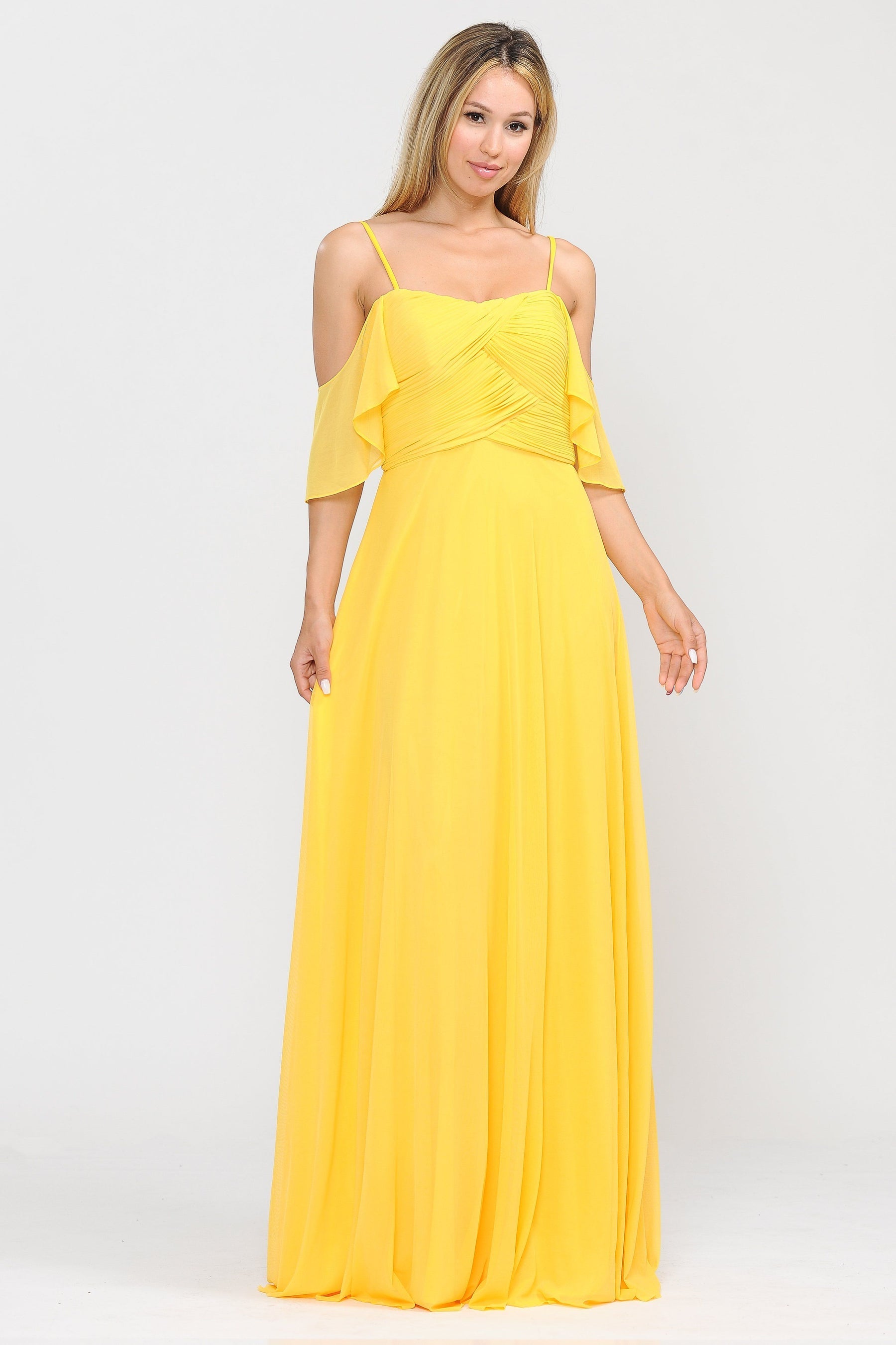 Yellow Cold-Shoulder Floor-Length Chiffon Formal Gown with Flutter Sleeves Poly USA 8552
