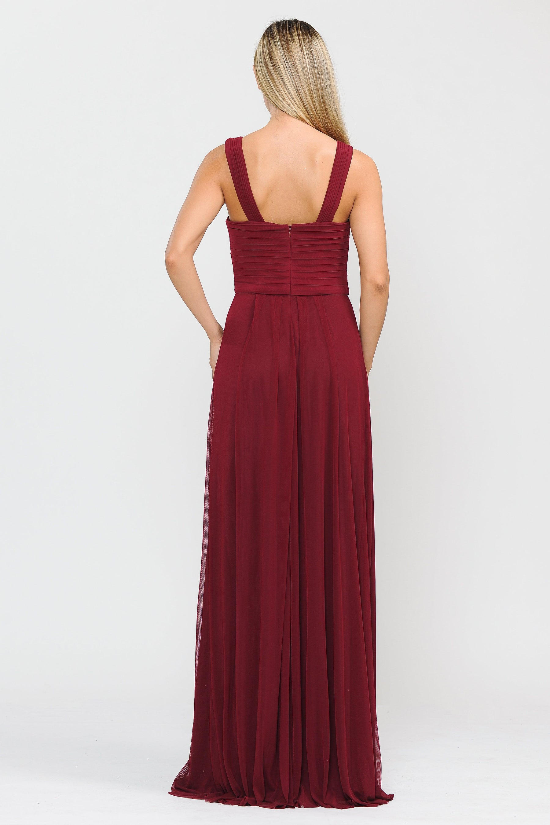 Burgundy Criss-Cross Floor-Length Pleated Chiffon Formal Gown with A-Line Silhouette Poly USA 8554