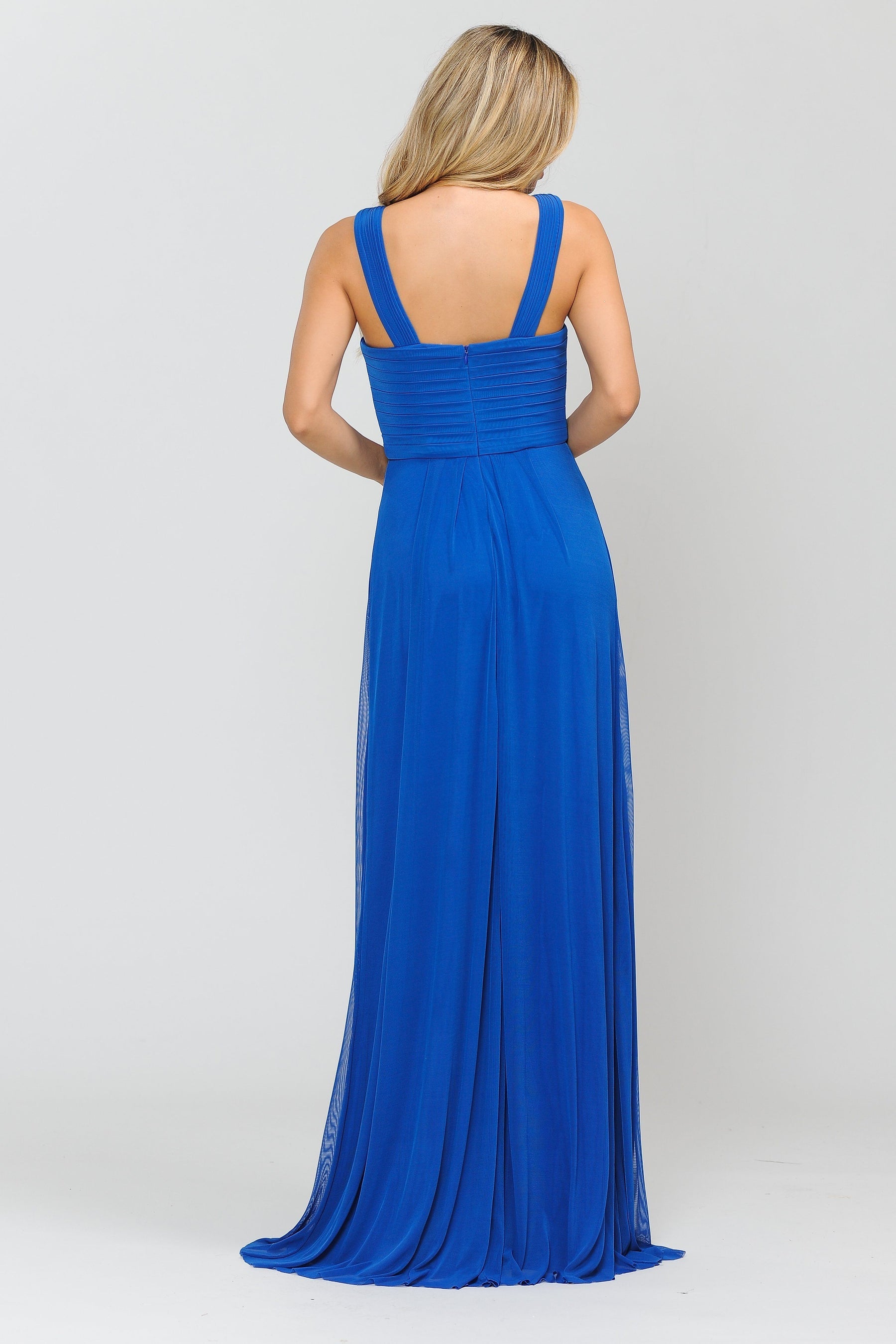 Royal Blue Criss-Cross Floor-Length Pleated Chiffon Formal Gown with A-Line Silhouette Poly USA 8554