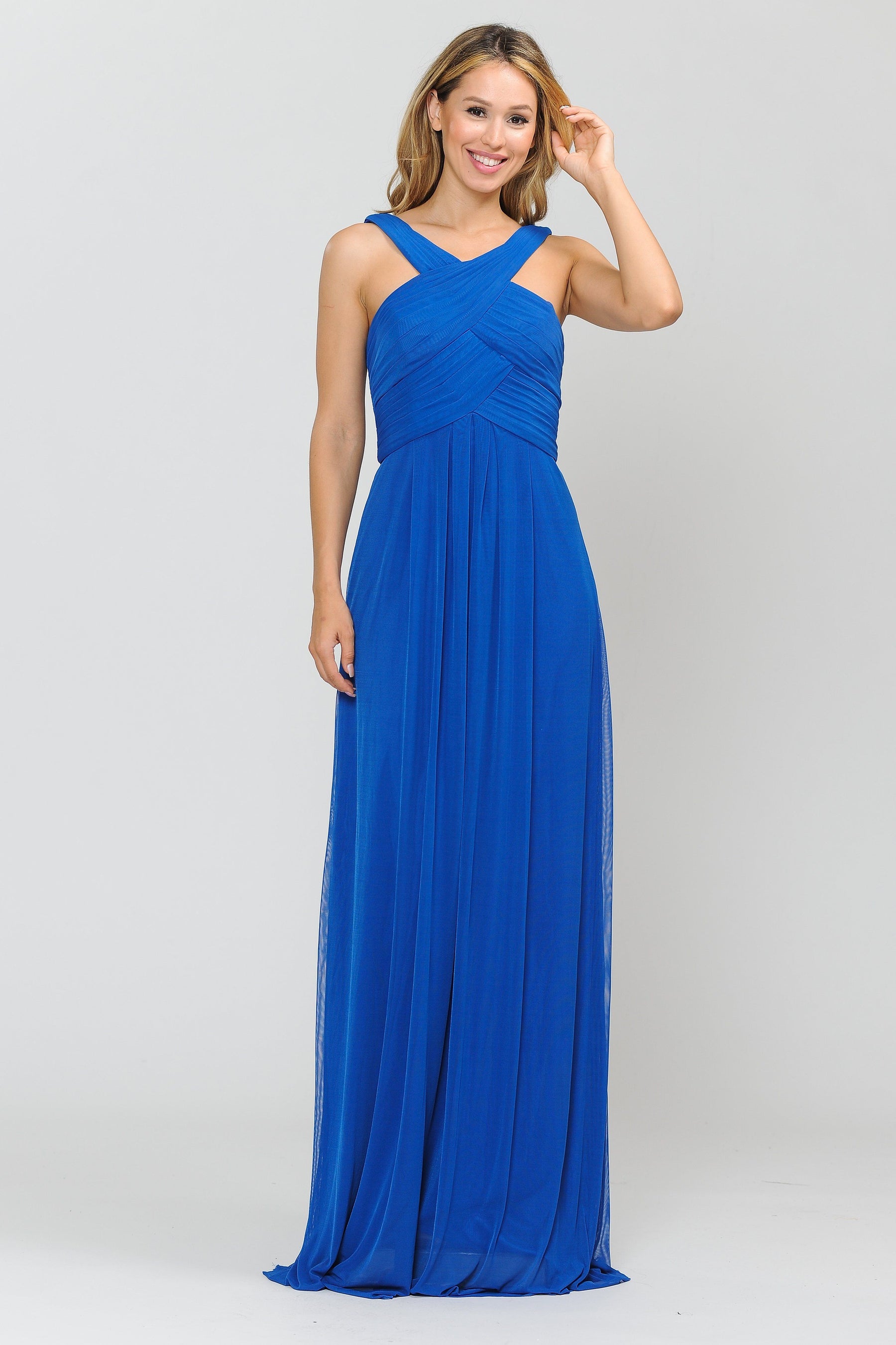 Royal Blue Criss-Cross Floor-Length Pleated Chiffon Formal Gown with A-Line Silhouette Poly USA 8554
