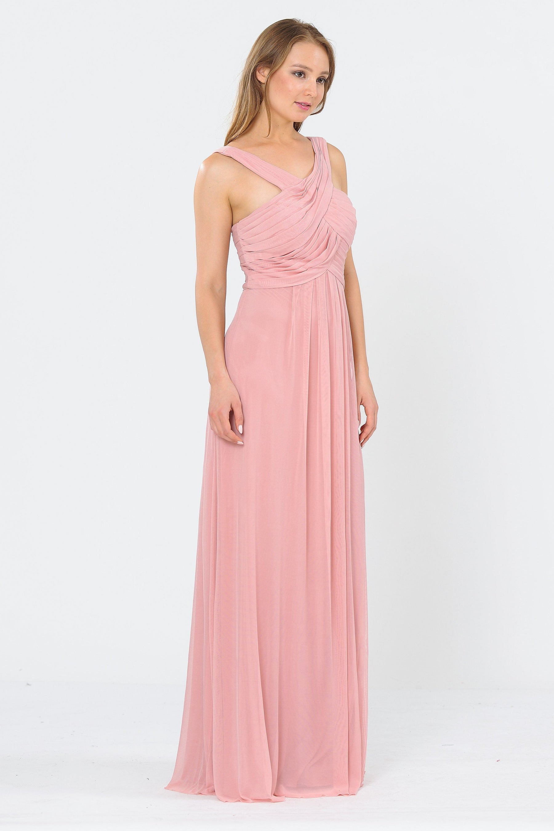 Mauve Criss-Cross Floor-Length Pleated Chiffon Formal Gown with A-Line Silhouette Poly USA 8554
