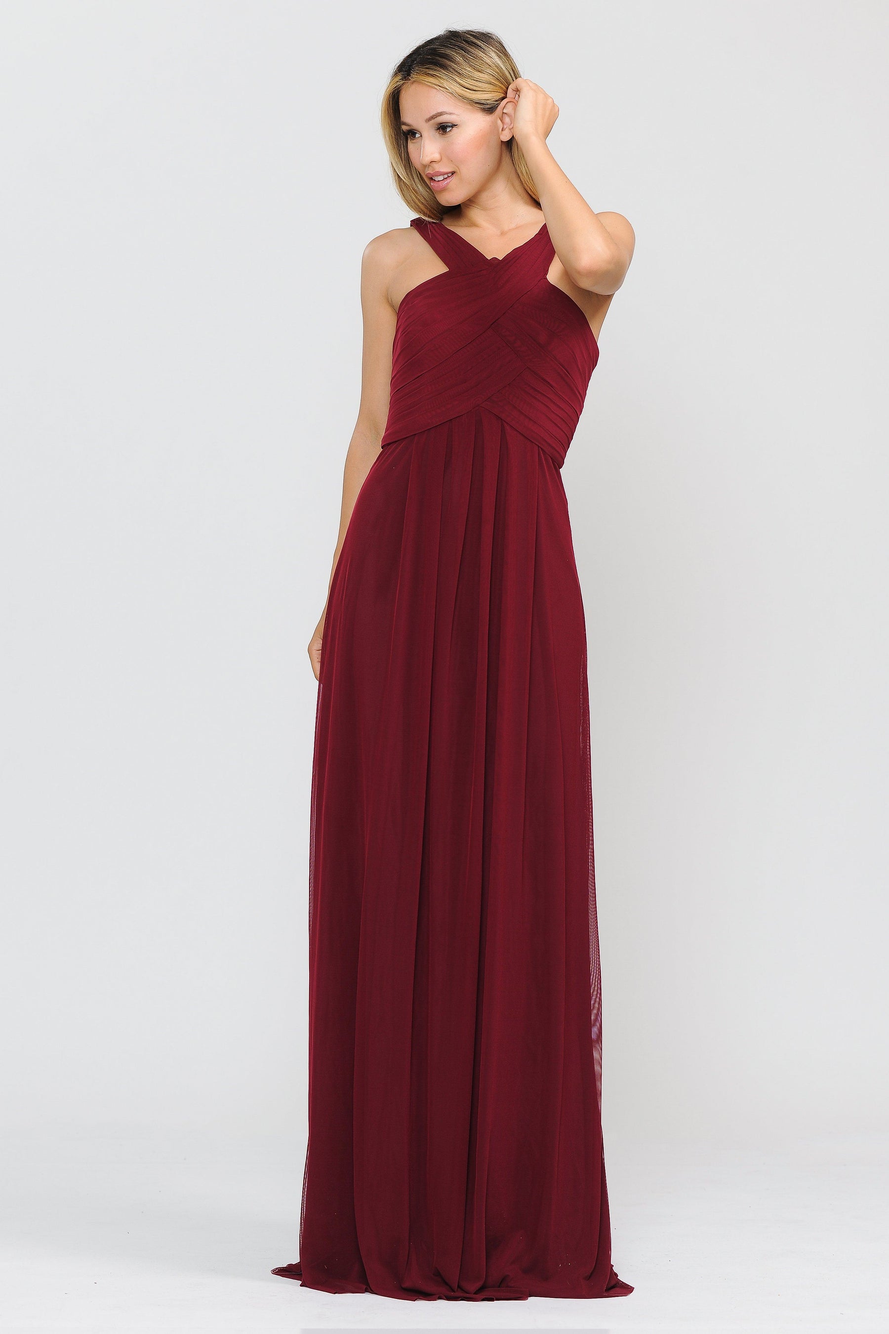Burgundy Criss-Cross Floor-Length Pleated Chiffon Formal Gown with A-Line Silhouette Poly USA 8554