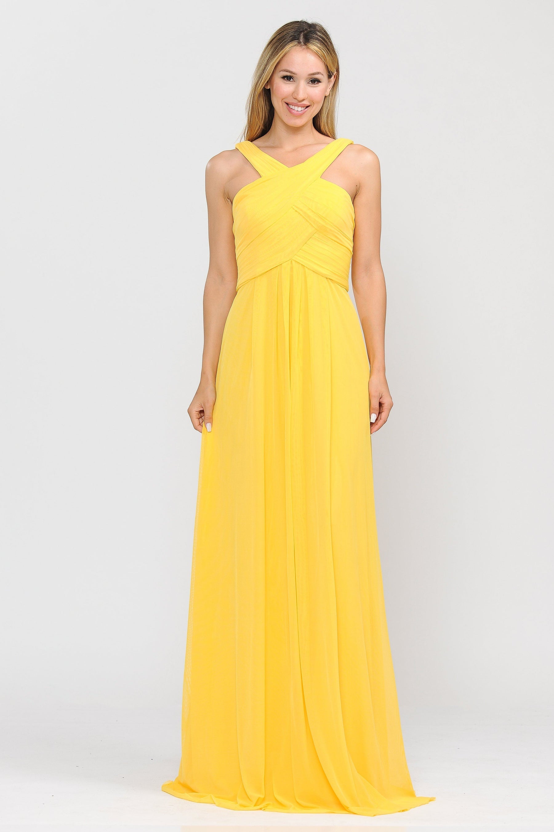 Yellow Criss-Cross Floor-Length Pleated Chiffon Formal Gown with A-Line Silhouette Poly USA 8554