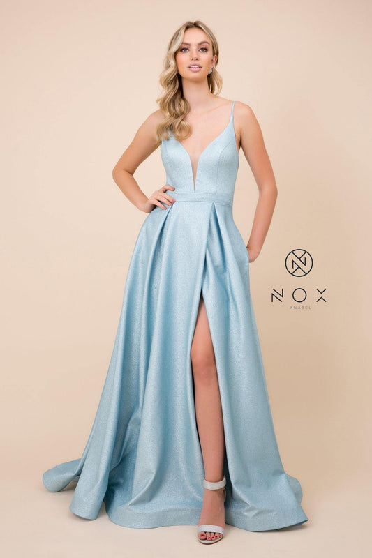 Long A-Line Glitter Knit Prom Dress Light Blue