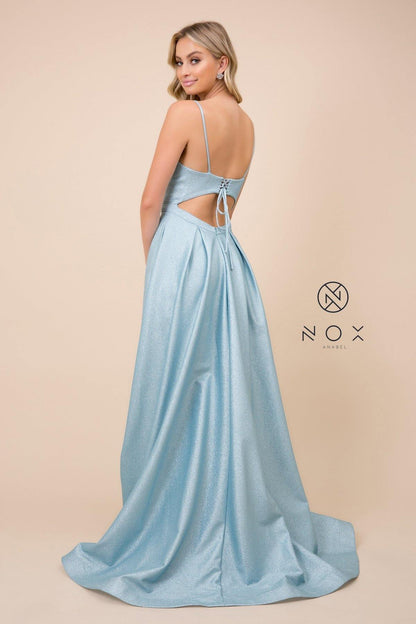Long A-Line Glitter Knit Prom Dress Light Blue
