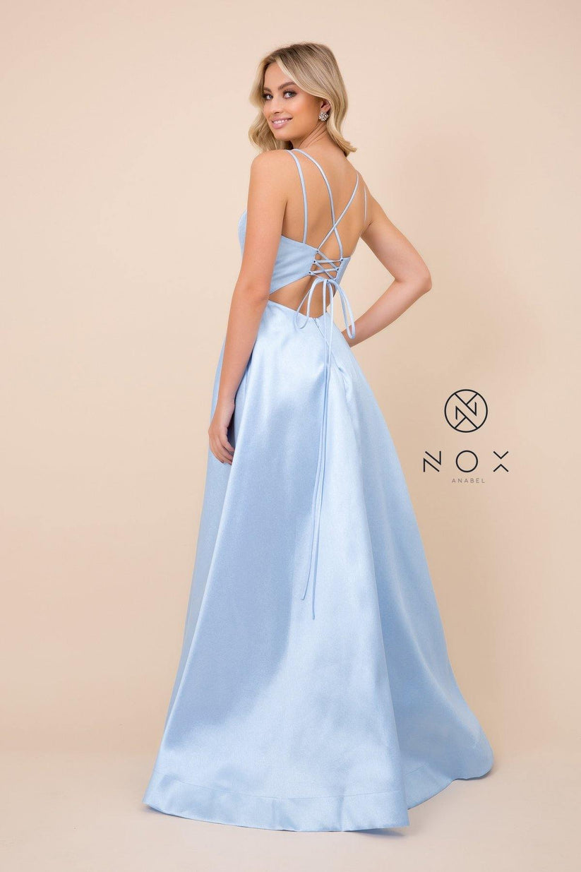 Blue Lace A Line Satin Prom Dress LBQ1054