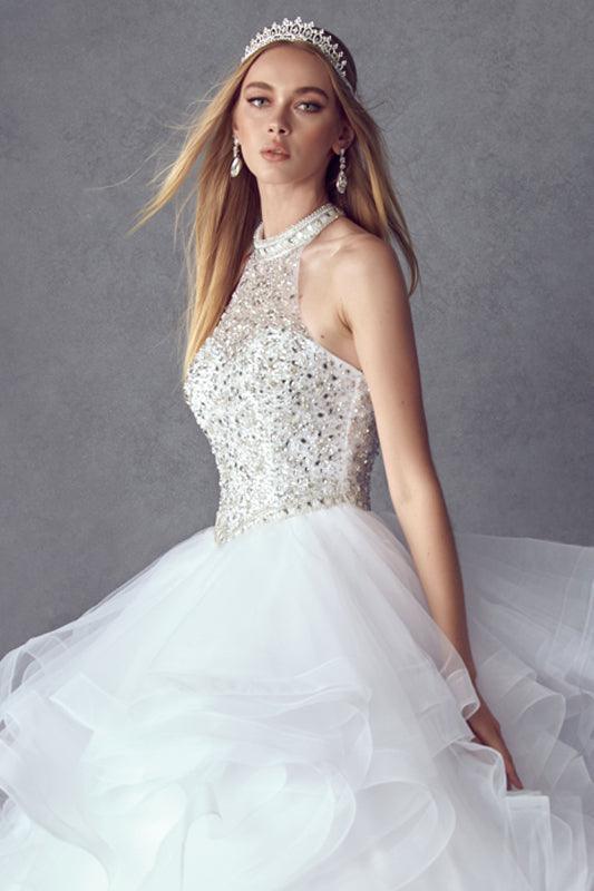Long Ball Gown Beaded Halter Quinceanera Dress - The Dress Outlet