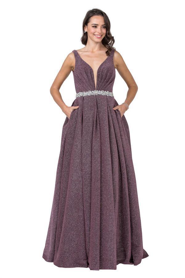 Long Ball Gown Embellished Waist Long Prom Dress - The Dress Outlet