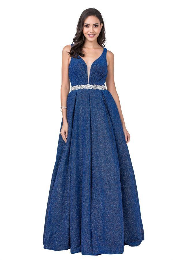 Long Ball Gown Embellished Waist Long Prom Dress - The Dress Outlet