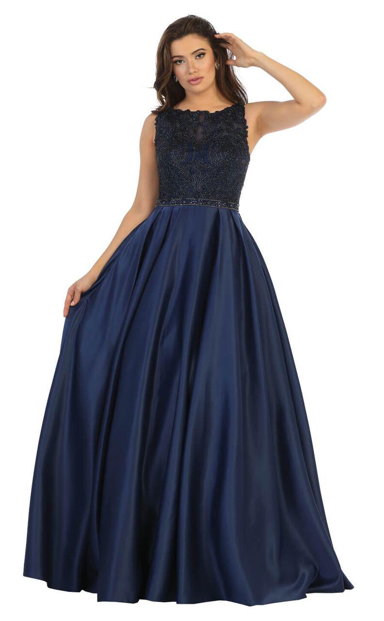 Long Ball Gown Sleeveless Satin Prom Dress - The Dress Outlet May Queen