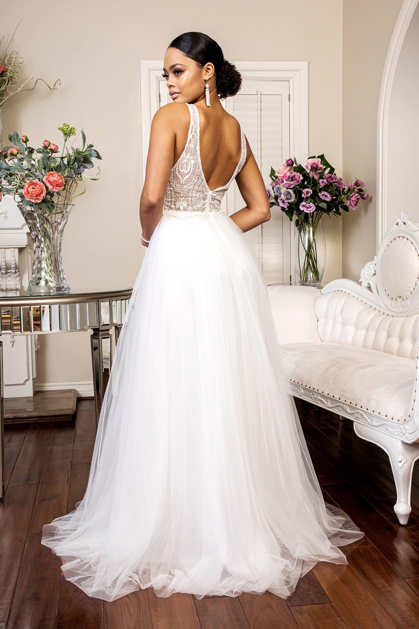 Long Beaded Glitter Mesh Wedding Dress - The Dress Outlet