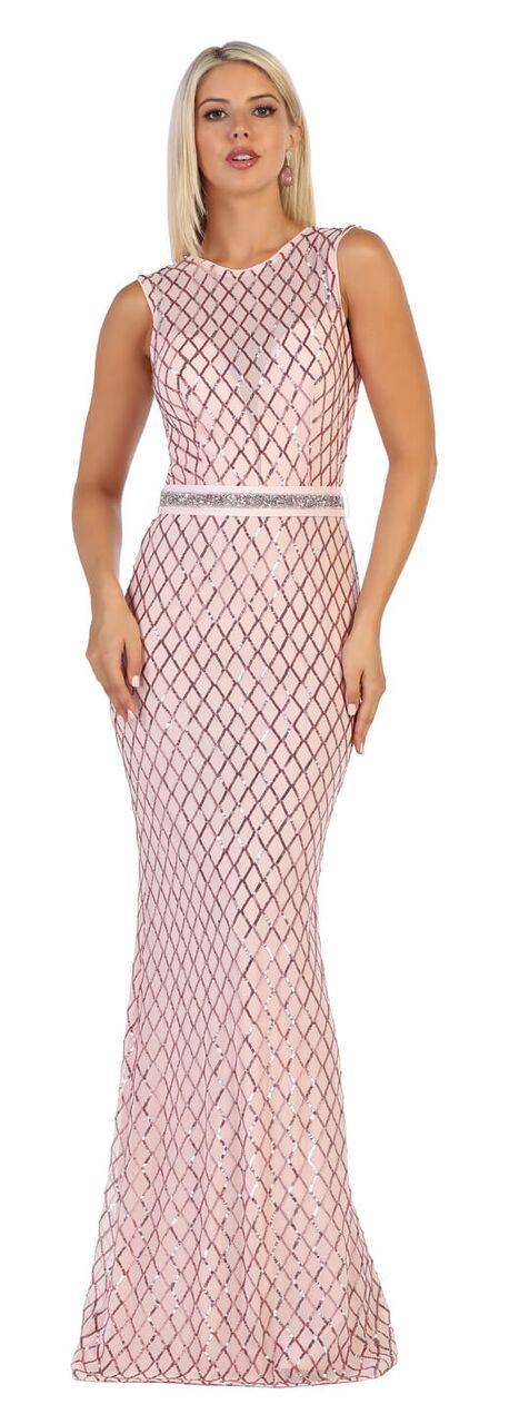 Long Beaded Prom Dress with Sequined Belt - The Dress Outlet May Queen