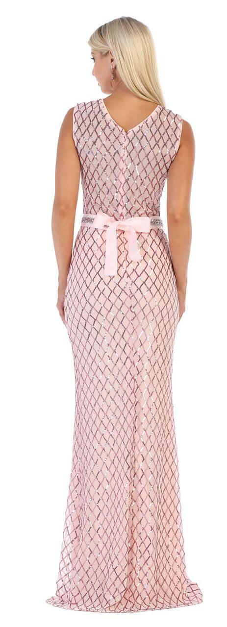 Long Beaded Prom Dress with Sequined Belt - The Dress Outlet May Queen