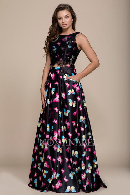 Long Butterfly Print Two Piece Prom Dress Black - The Dress Outlet Nox Anabel
