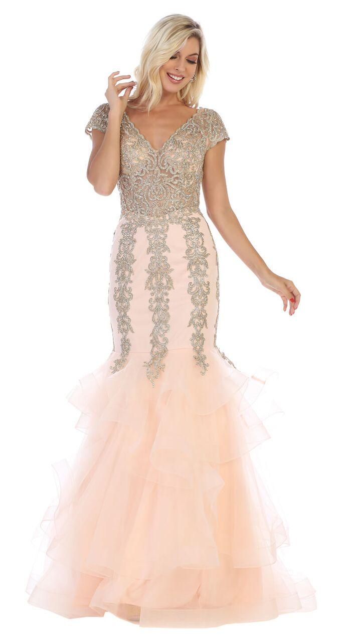 Long Cap Sleeve Embellished Mermaid Formal Gown - The Dress Outlet May Queen