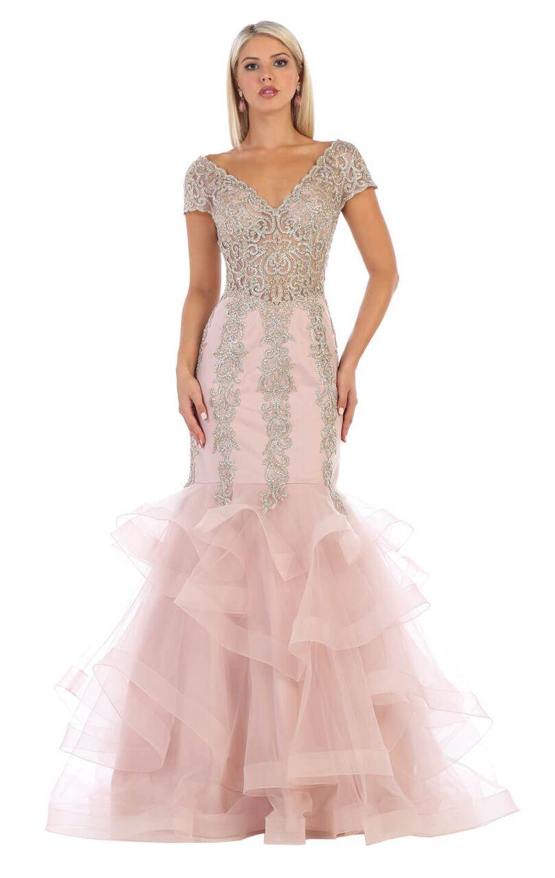 Long Cap Sleeve Embellished Mermaid Formal Gown - The Dress Outlet May Queen