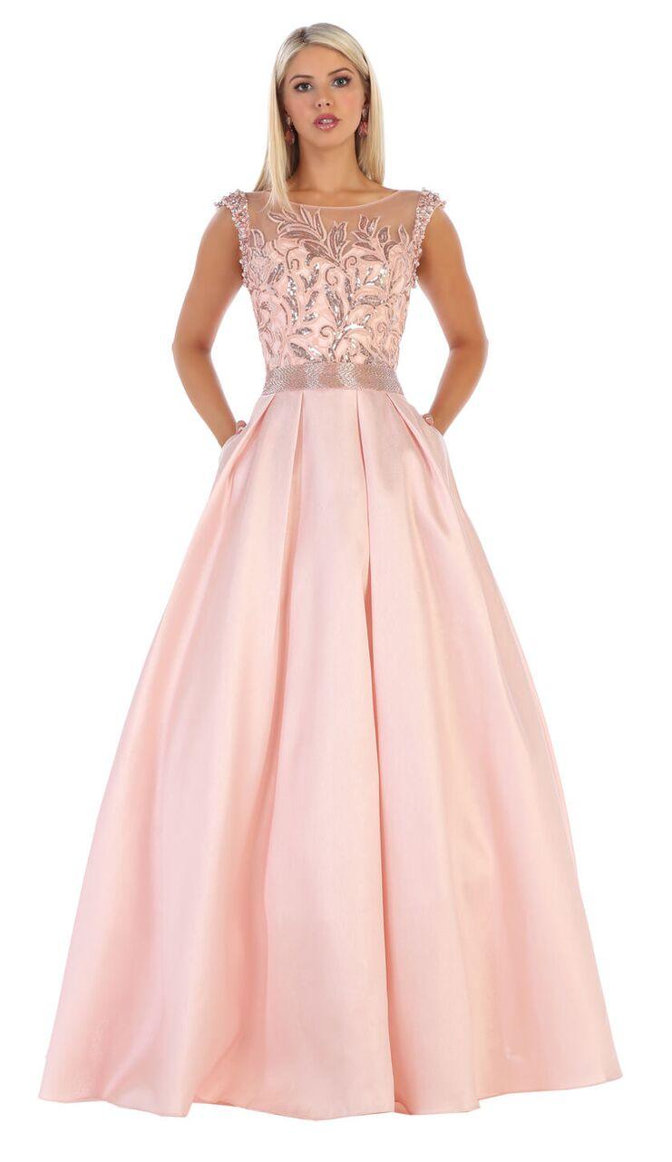 Long Cap Sleeve Prom Dress Ball Gown with Pockets - The Dress Outlet May Queen