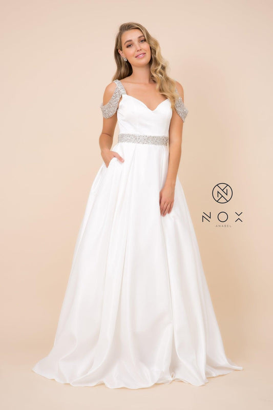 Long Classic Off Shoulder Wedding Dress White - The Dress Outlet Nox Anabel
