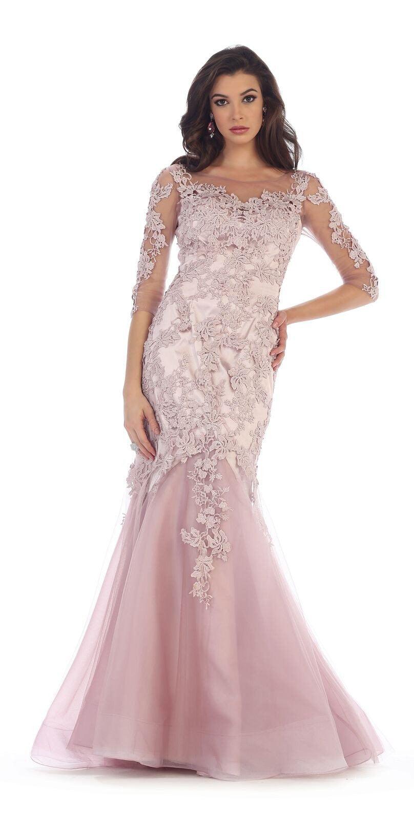 Long Dress Formal Mother of the Bride with Sleeves - The Dress Outlet May Queen