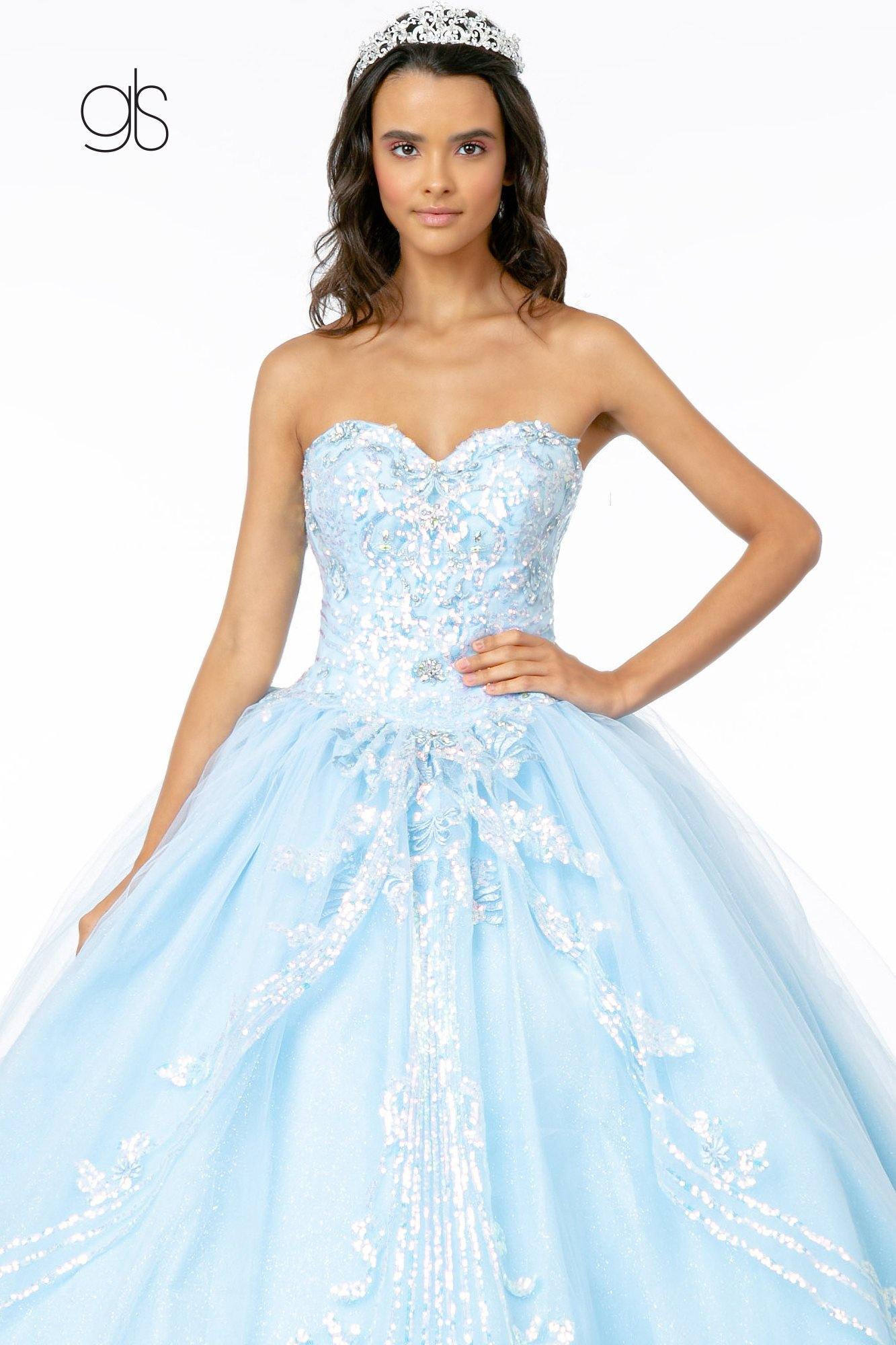 Long Embellished Glitter Mesh Quinceanera Dress