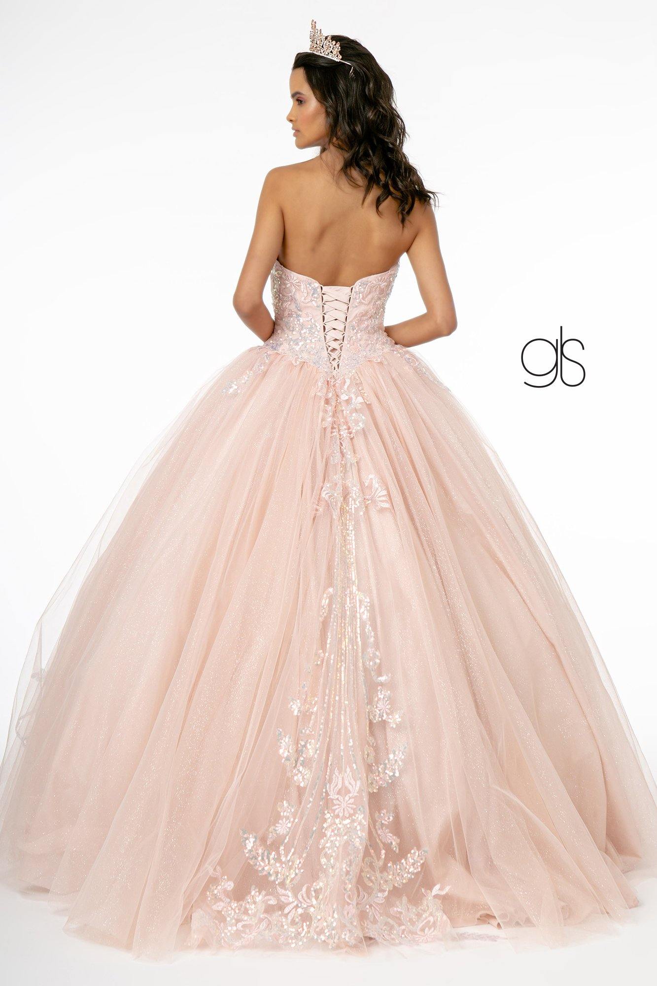 Long Embellished Glitter Mesh Quinceanera Dress - The Dress Outlet Elizabeth K