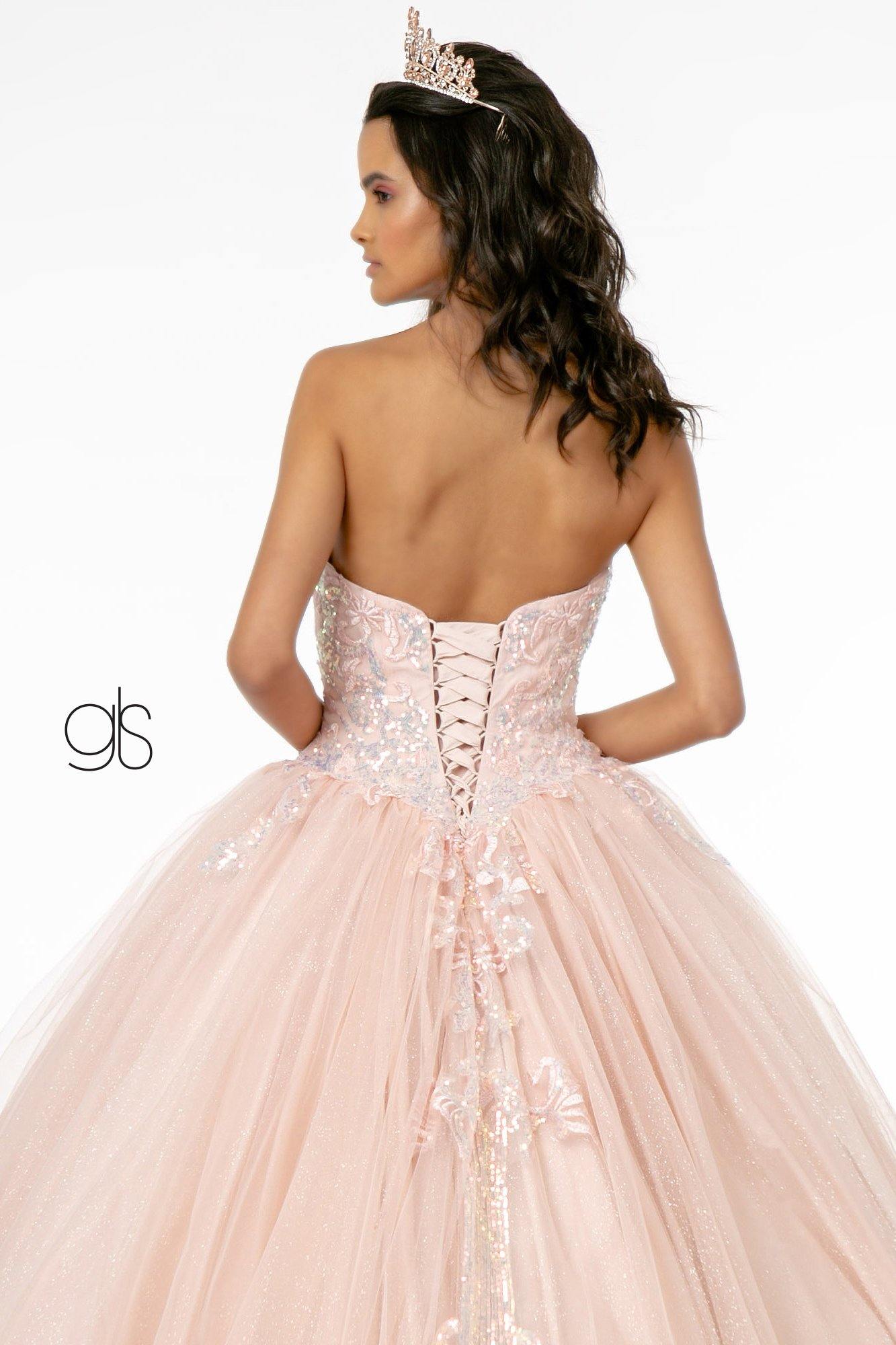 Long Embellished Glitter Mesh Quinceanera Dress