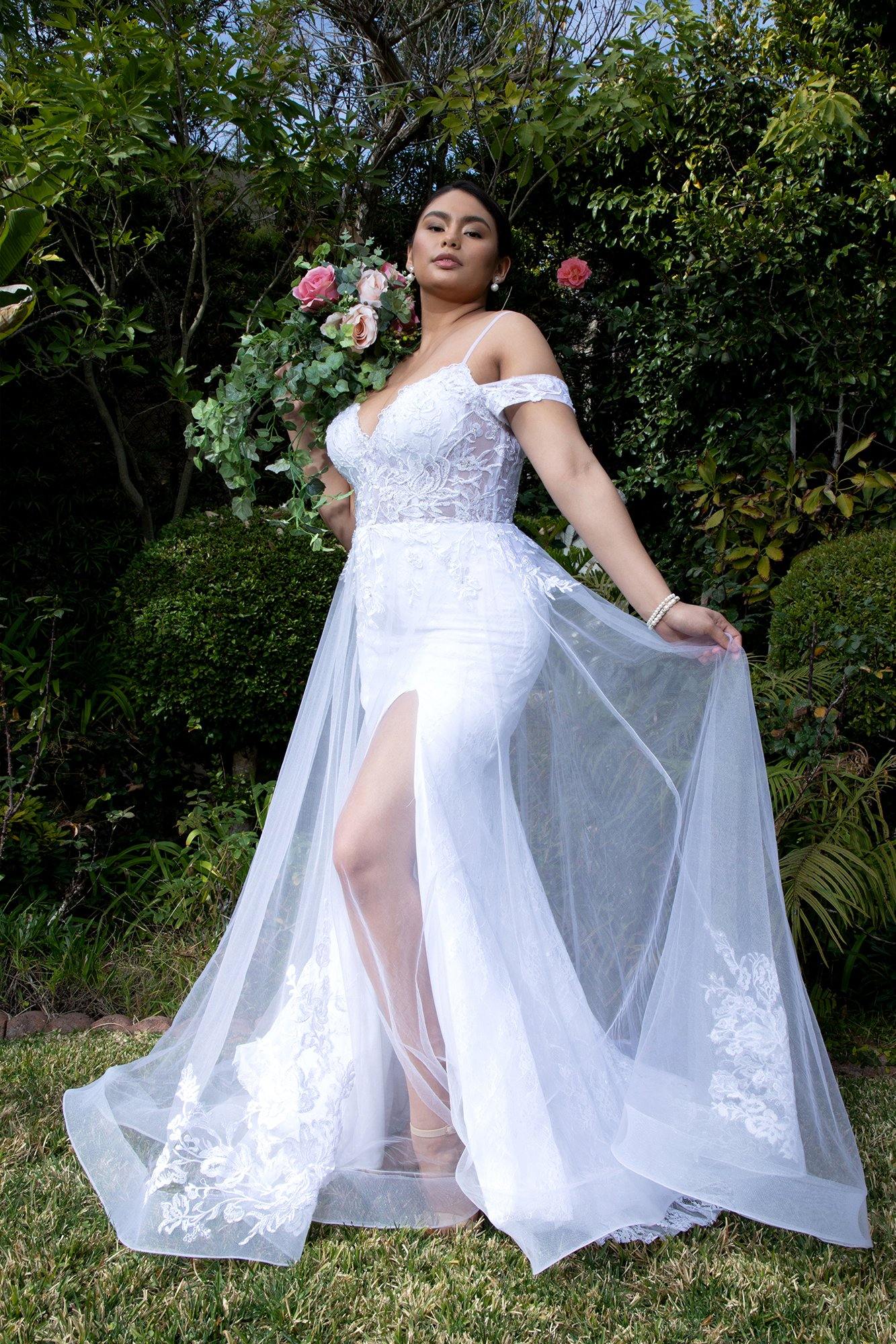 Long Embroidered Off Shoulder Lace Wedding Gown - The Dress Outlet