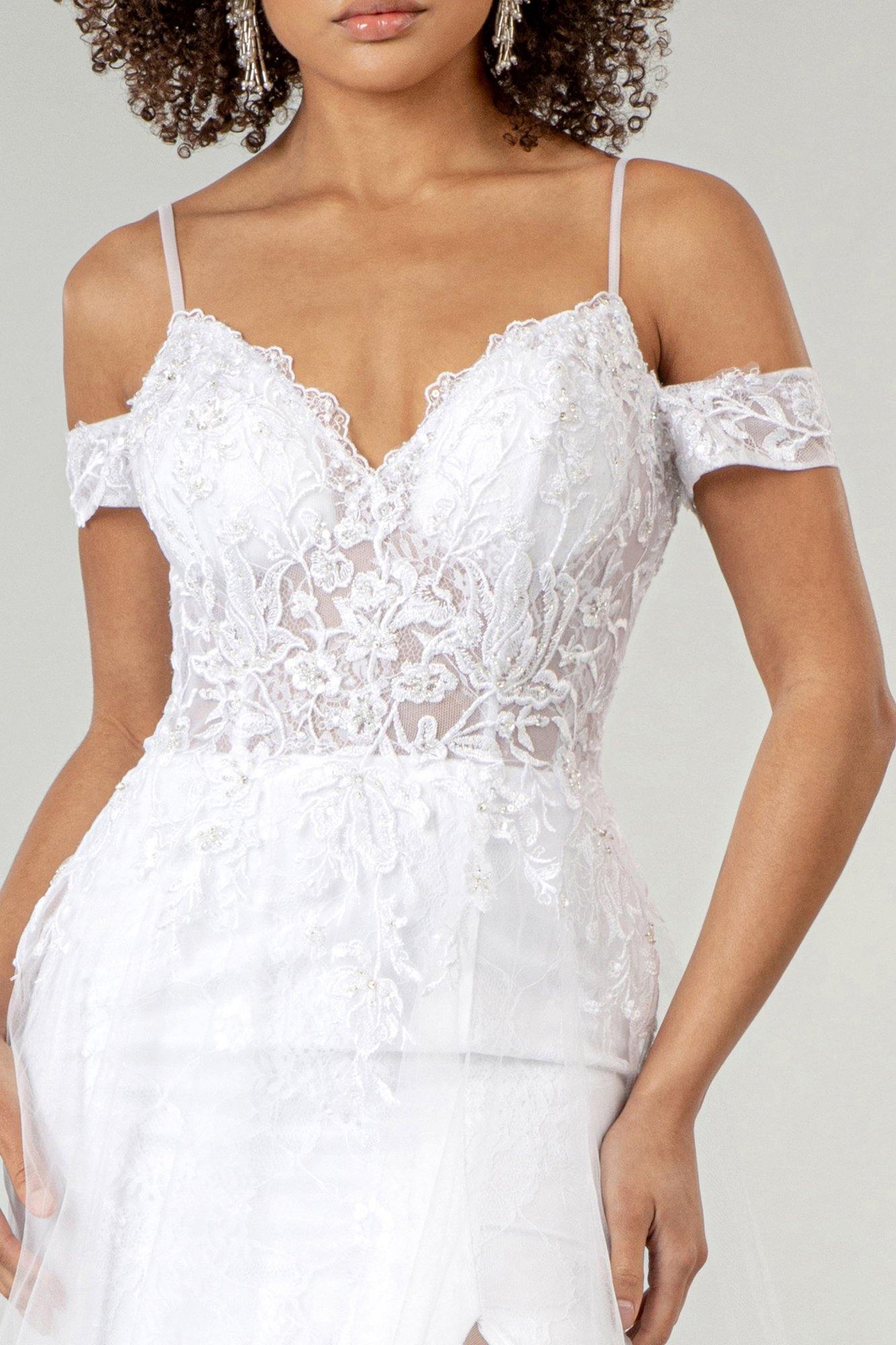 Long Embroidered Off Shoulder Lace Wedding Gown - The Dress Outlet