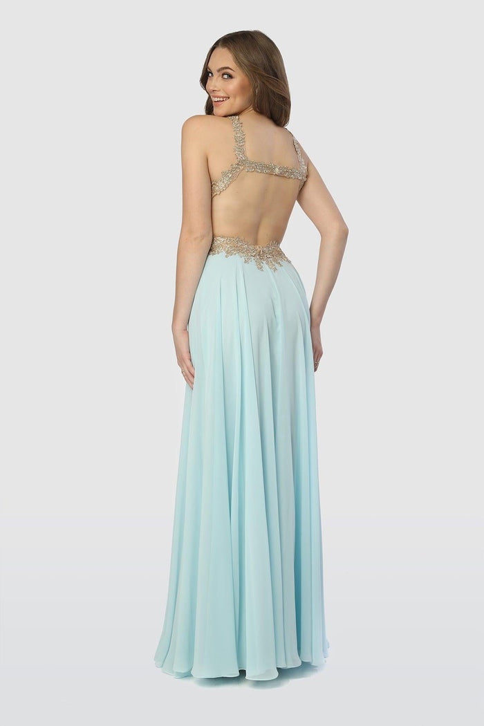 Long Evening Gown Open Back Prom Dress Tan Gold - The Dress Outlet