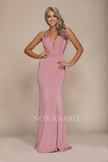 Long Fitted Formal Dress With Beaded Illusion Back - The Dress Outlet Nox Anabel