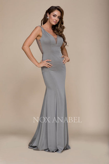 Long Fitted Formal Dress With Beaded Illusion Back - The Dress Outlet Nox Anabel