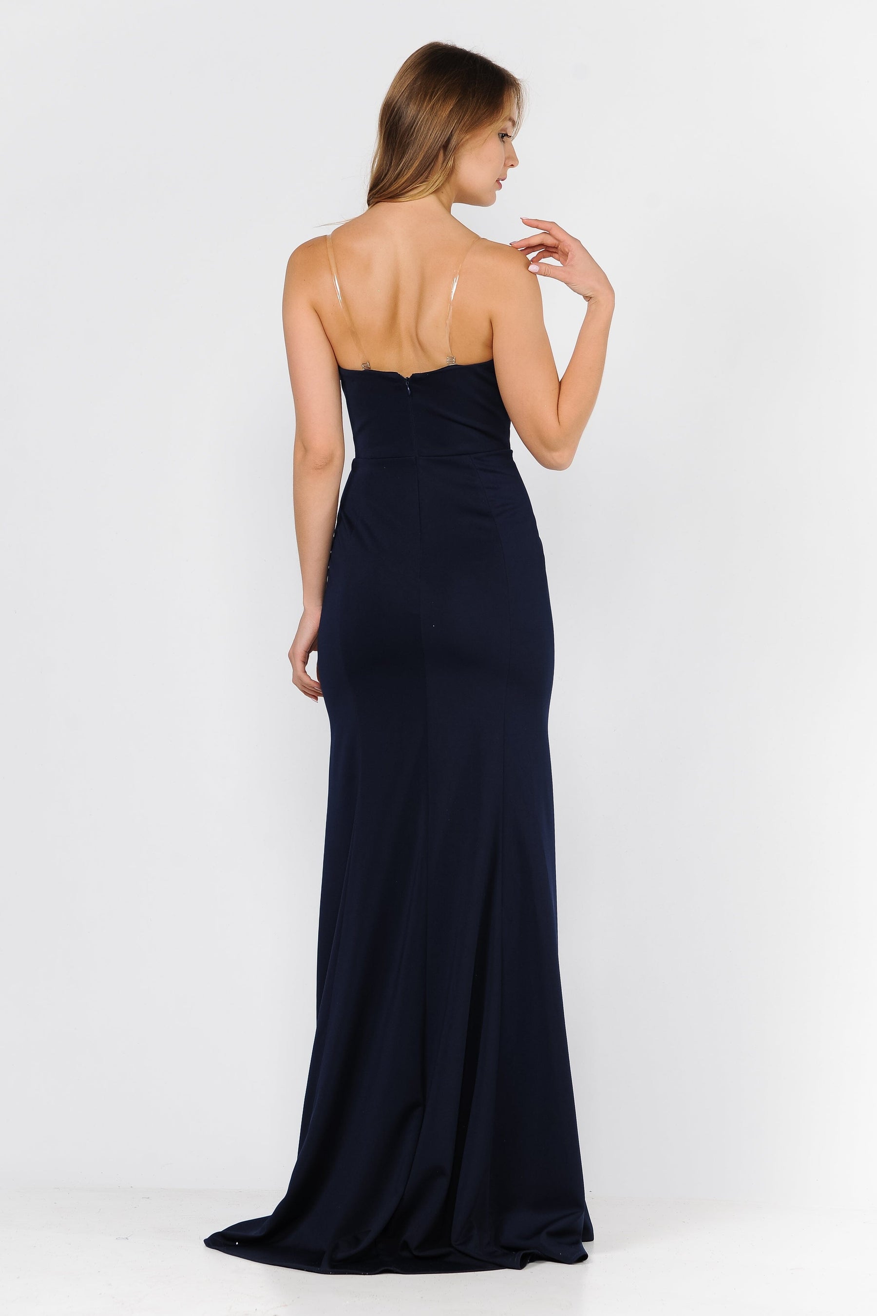 Navy Strapless Floor-Length Scuba Prom Dress with Illusion V-Plunge and Mermaid Silhouette Poly USA 8488