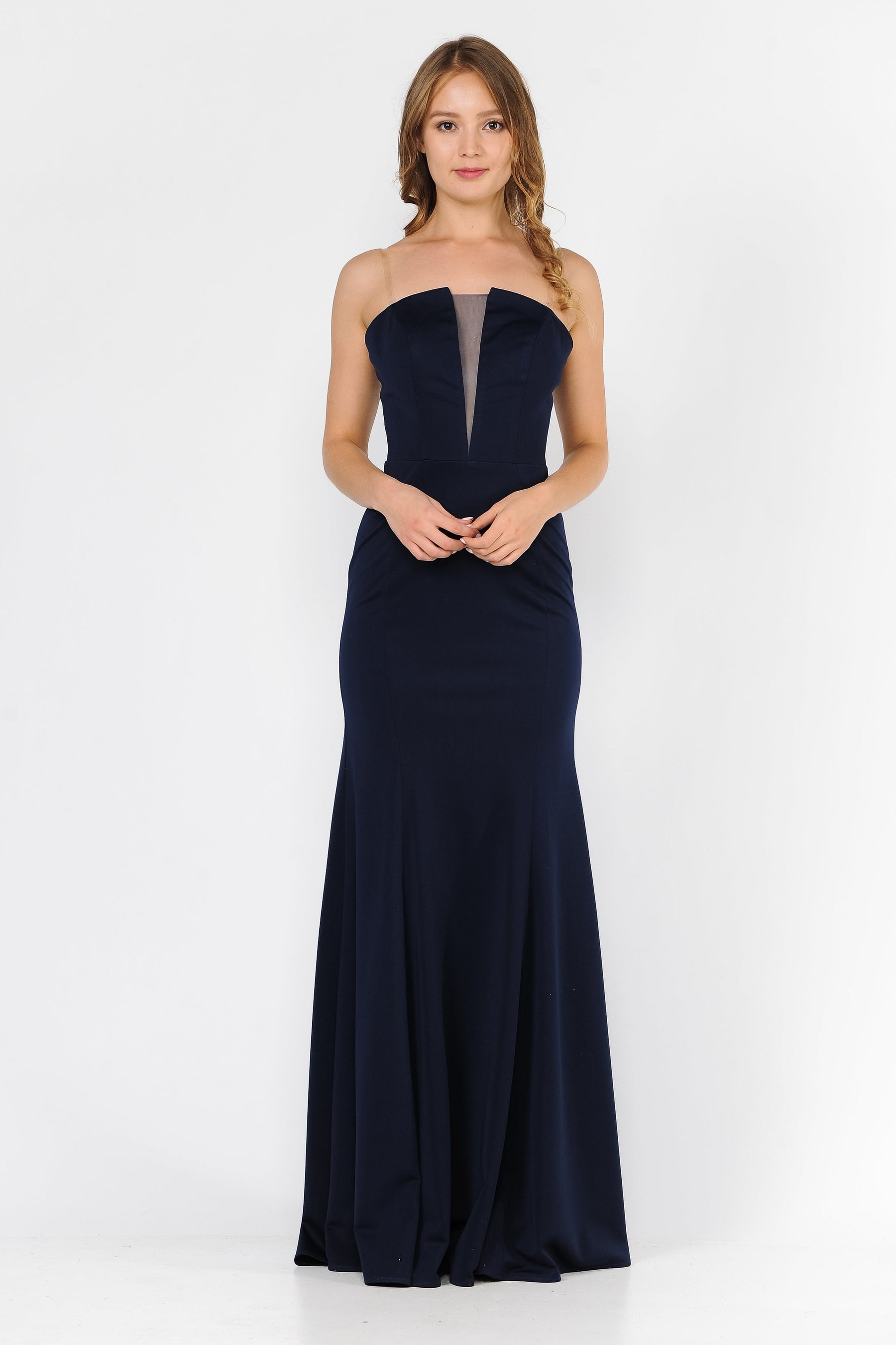 Navy Strapless Floor-Length Scuba Prom Dress with Illusion V-Plunge and Mermaid Silhouette Poly USA 8488