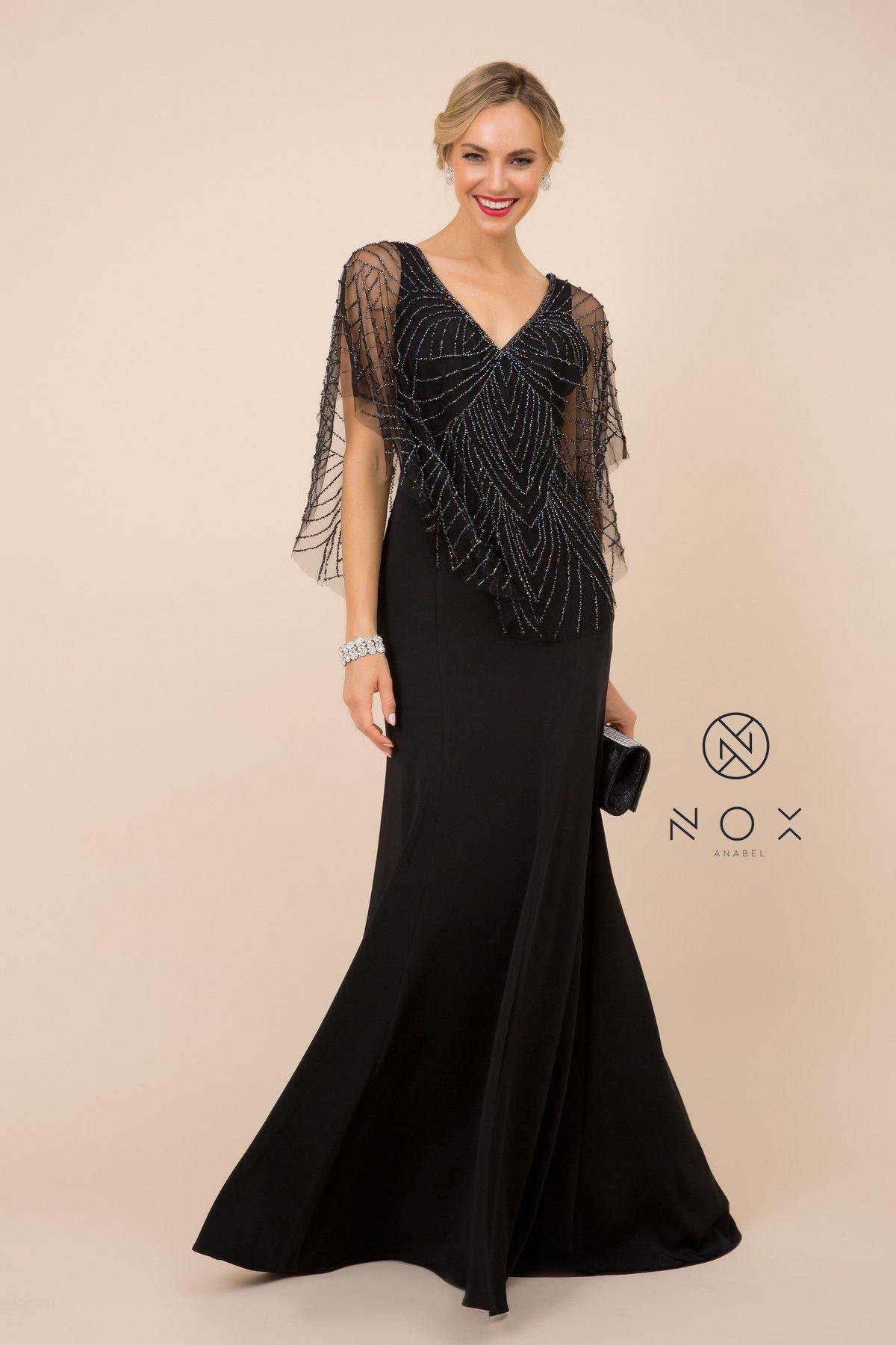 Long Fitted V-Neck Formal Dress with Beaded Cape Prom - The Dress Outlet Nox Anabel