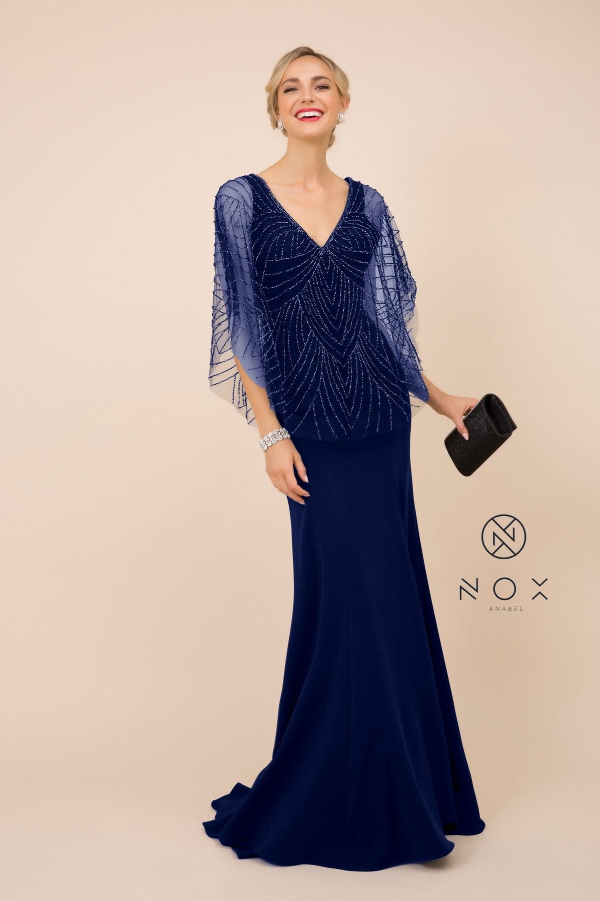 Long Fitted V-Neck Formal Dress with Beaded Cape Prom - The Dress Outlet