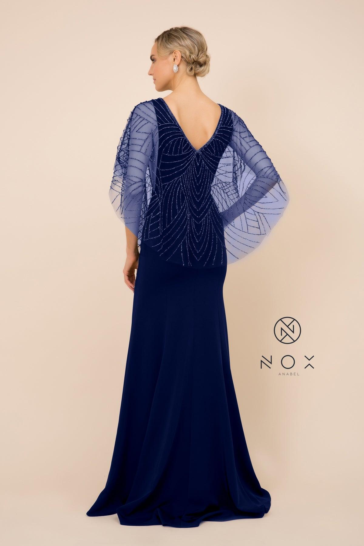 Long Fitted V-Neck Formal Dress with Beaded Cape Prom