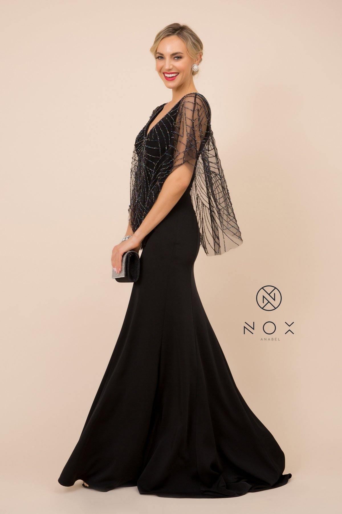 Long Fitted V-Neck Formal Dress with Beaded Cape Prom