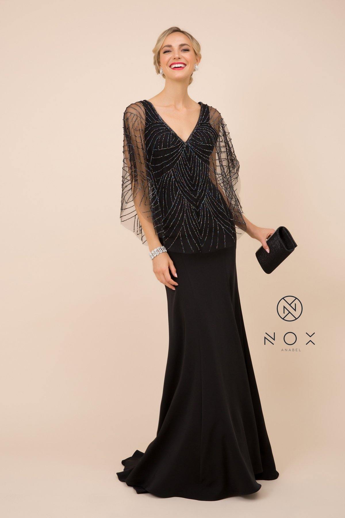 Long Fitted V-Neck Formal Dress with Beaded Cape Prom