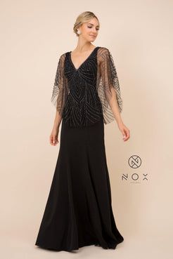 Black Long Fitted V-Neck Formal Dress with Beaded Cape Prom for $149.99 – The Dress Outlet