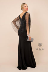 Black Long Fitted V-Neck Formal Dress with Beaded Cape Prom for $149.99 – The Dress Outlet