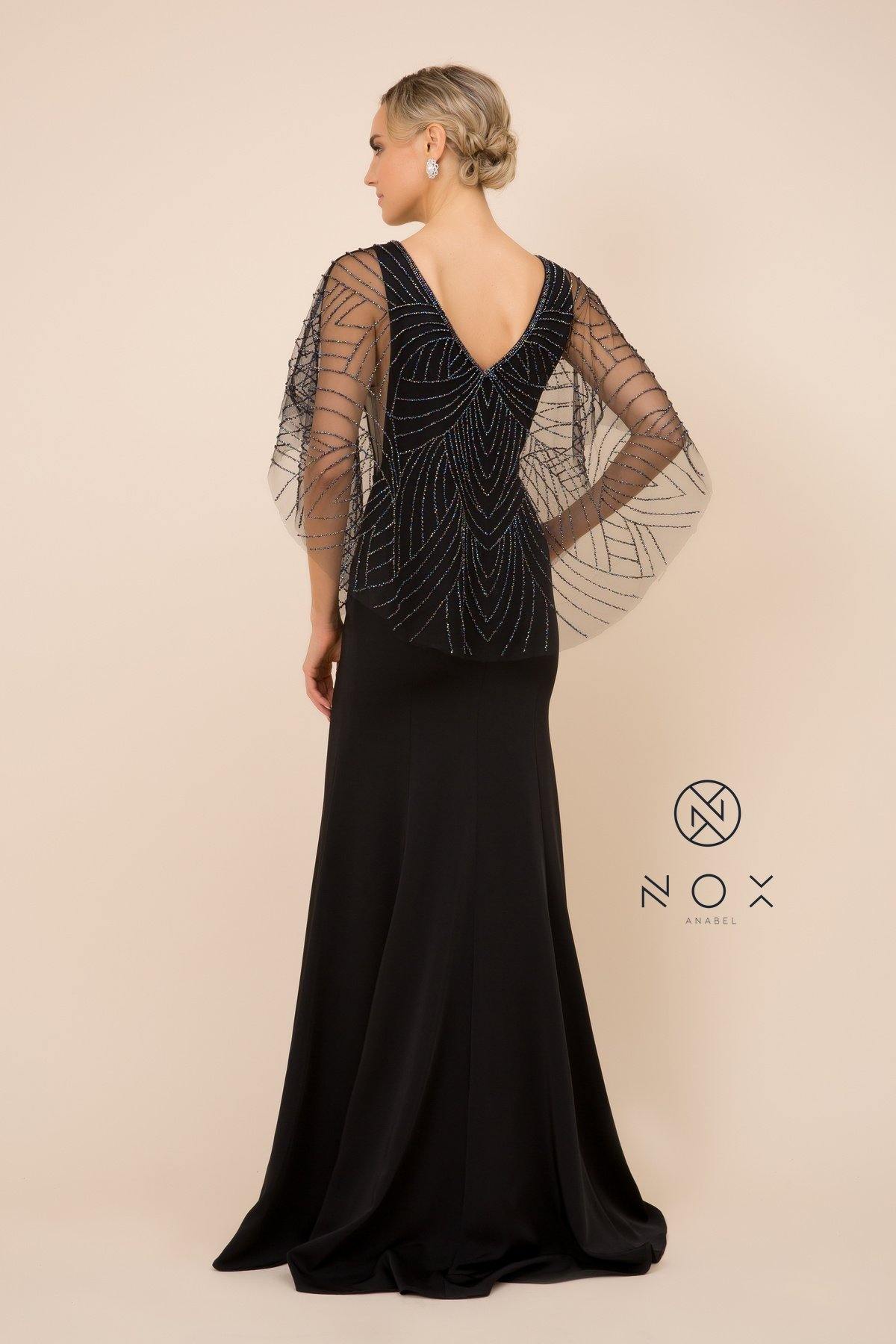 Long Fitted V-Neck Formal Dress with Beaded Cape Prom