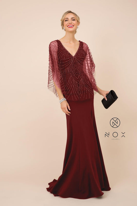 Long Fitted V-Neck Formal Dress with Beaded Cape Prom - The Dress Outlet
