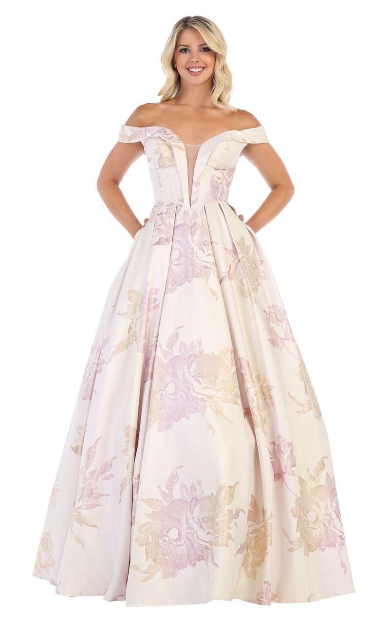 Long Floral Print Plus Size Prom Formal Ball Gown - The Dress Outlet May Queen