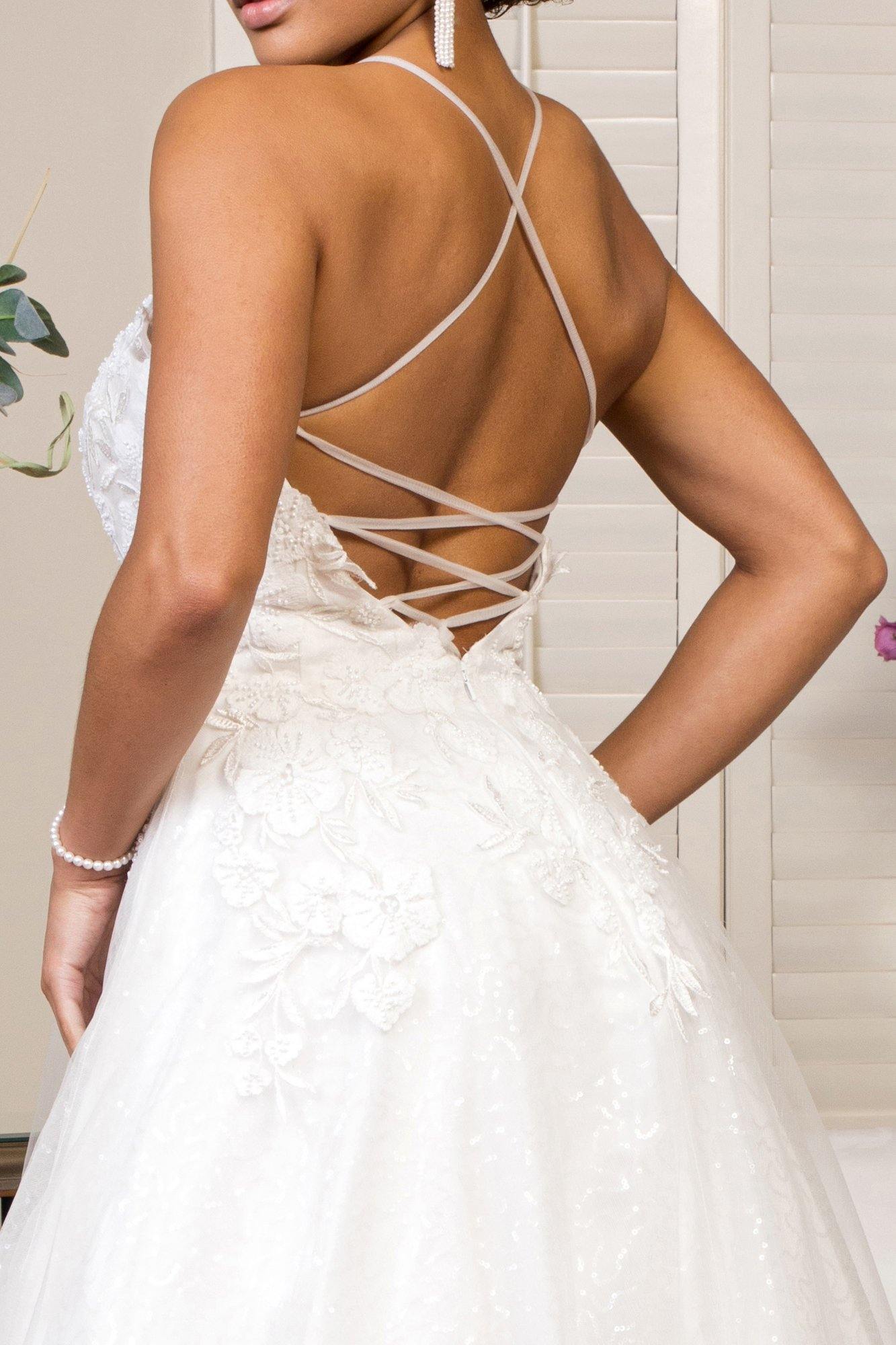 Long Floral Spaghetti Strap Sequins Mesh Wedding Gown - The Dress Outlet